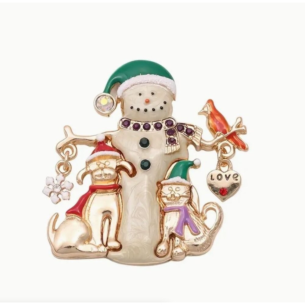 Holiday Snowman Brooch Cat Dog Enamel Pin Gold Tone